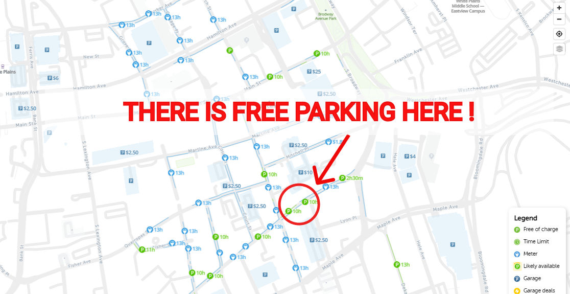 map of free parking in White Plains - SpotAngels